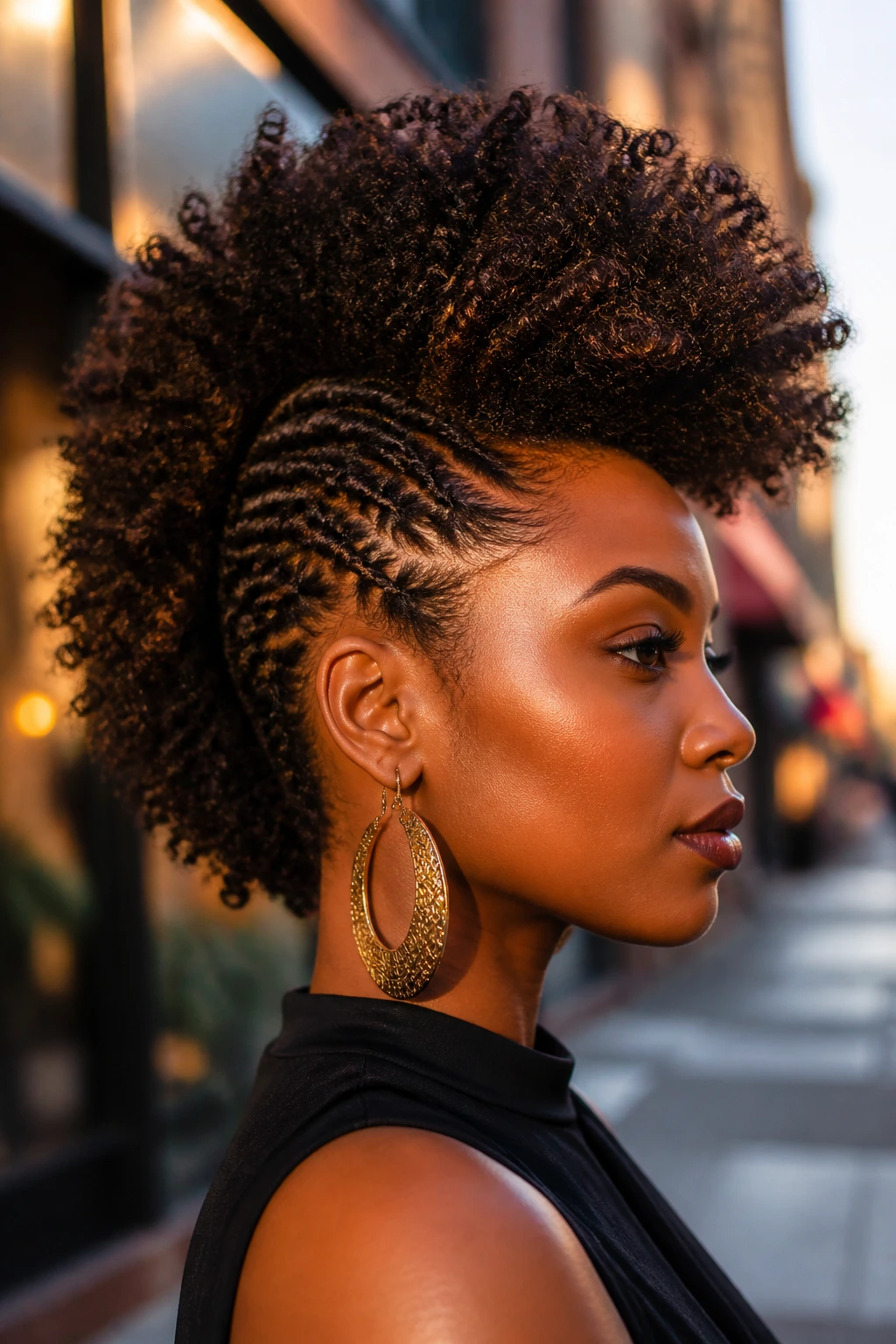Profile portrait of a Black woman with a tall center mohawk showing natural hair texture