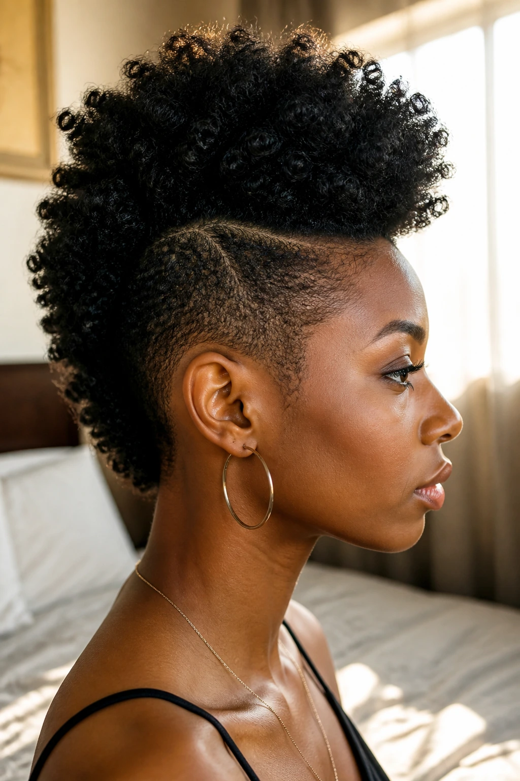 Close-up of a Black woman with a tall mohawk silhouette highlighting the shape