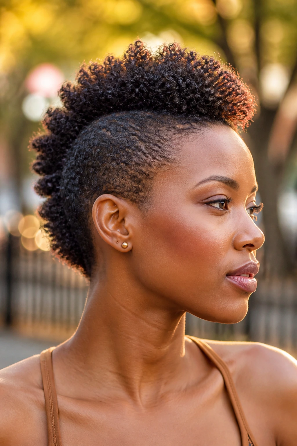 Close-up of a real person with a mohawk on short natural hair illustrating shape