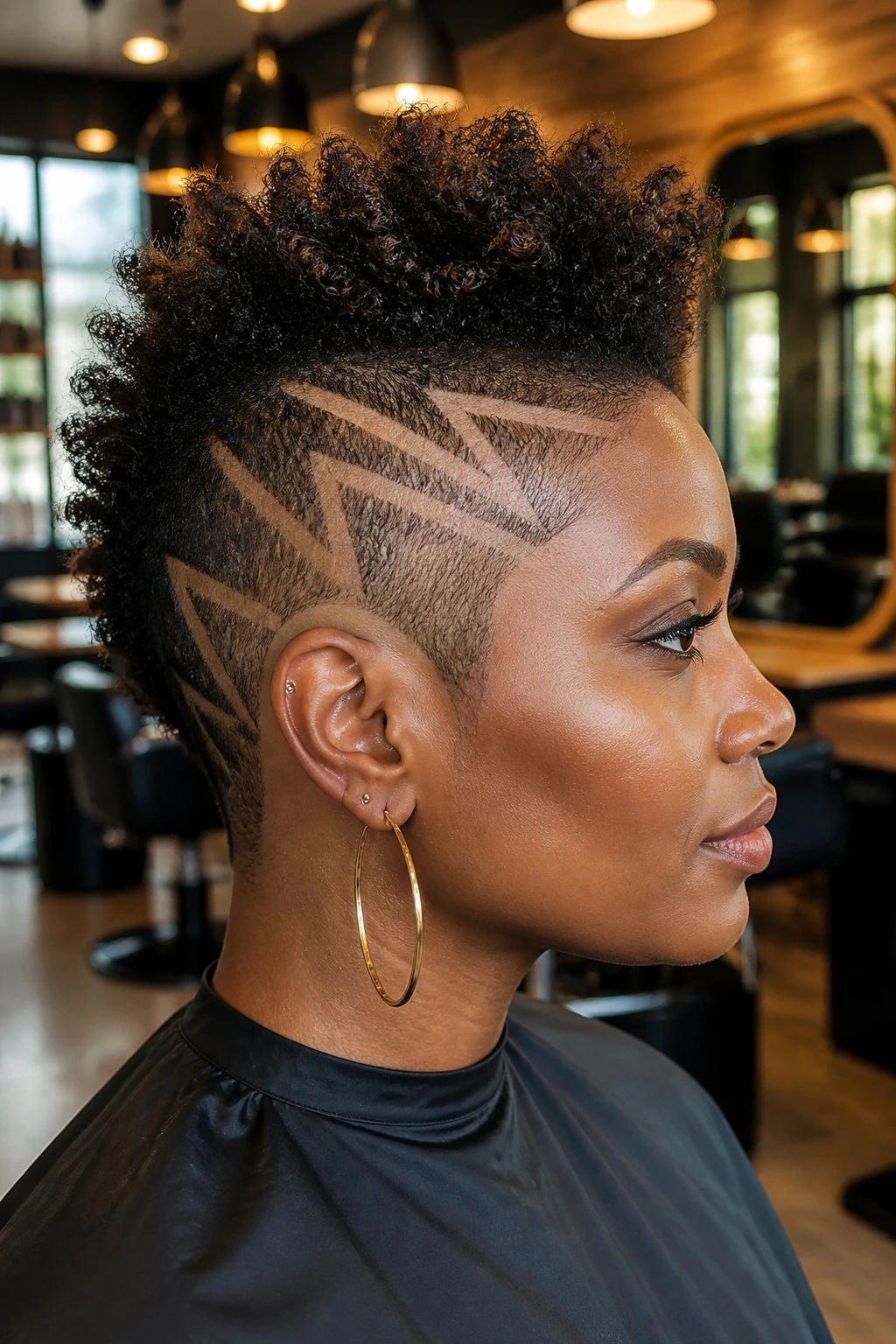Close-up portrait of a real person with a Mohawk featuring shaved geometric designs on the sides.