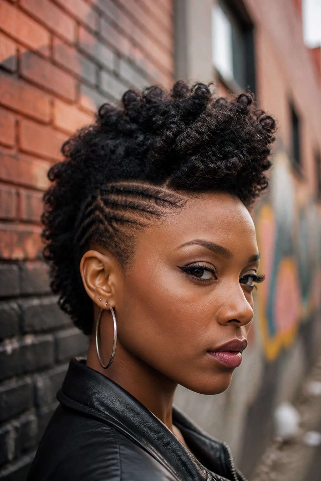 Close-up portrait of a real Black woman with a bold mohawk silhouette against an urban brick backdrop