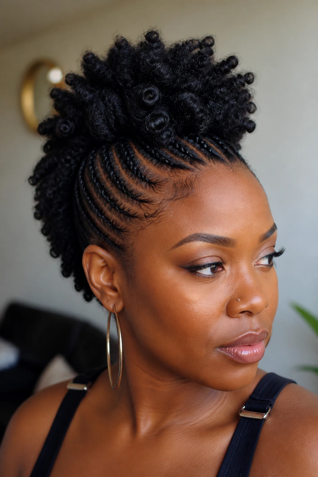 Portrait of a woman with a well-defined crochet mohawk center ridge in natural light