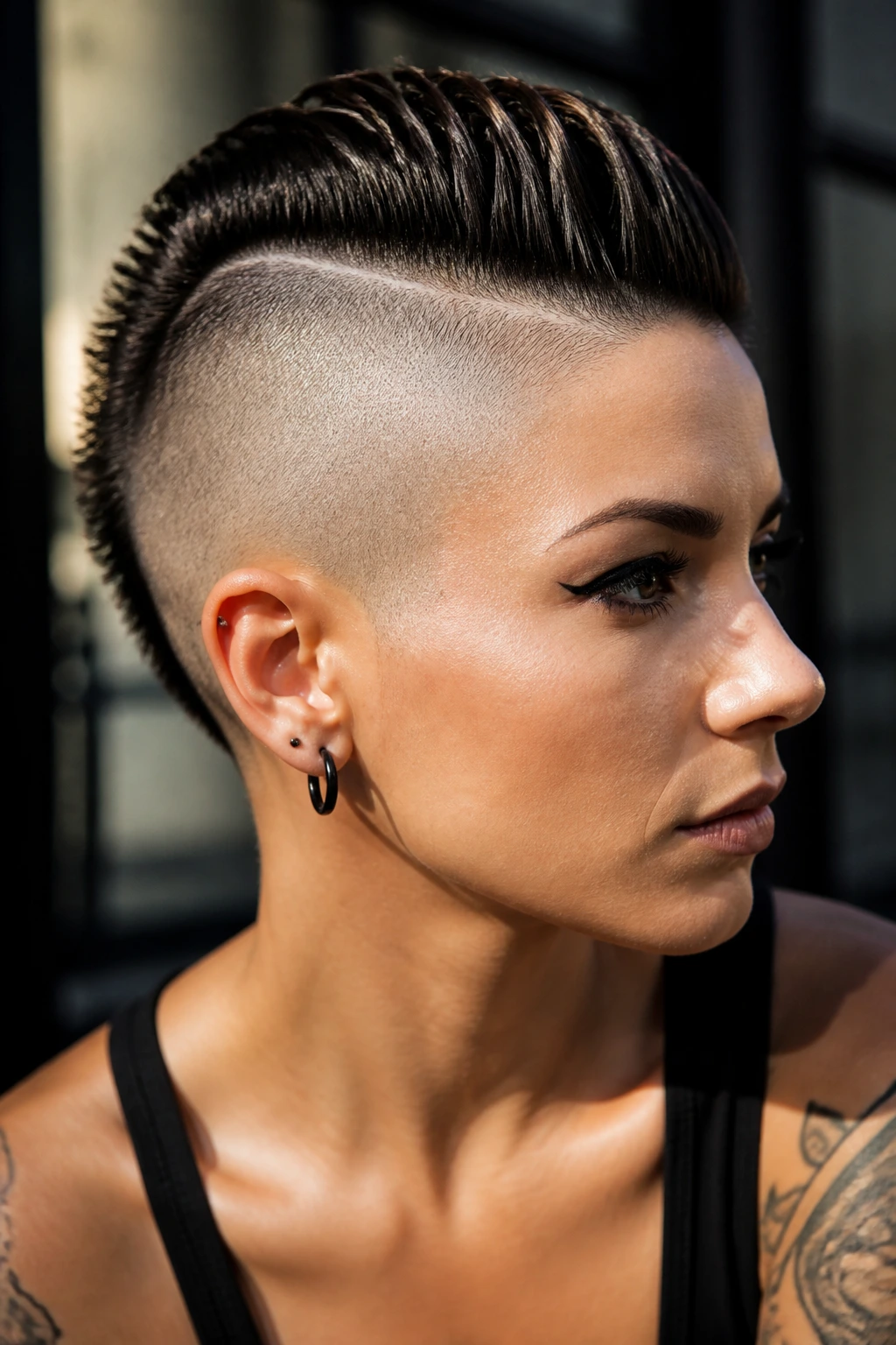 Portrait of a real woman with a Mohawk strip undercut