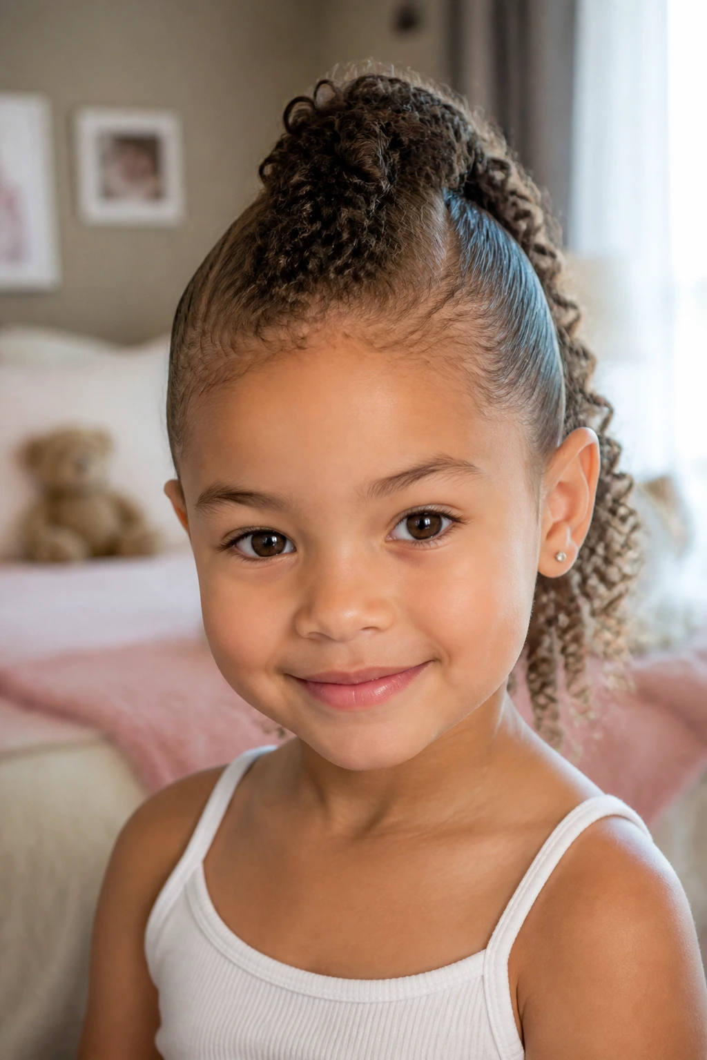 Close-up portrait of a little girl with a soft mohawk hairstyle and smooth sides