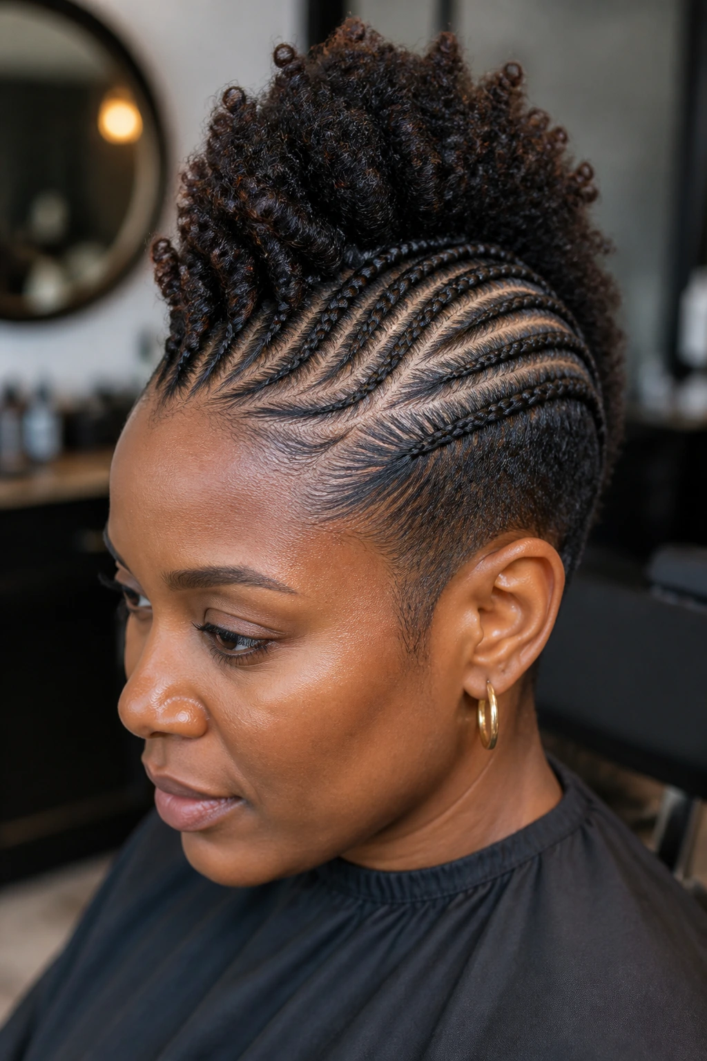 Close-up of a real person with a central mohawk and tapered puff ends at the crown on short natural hair