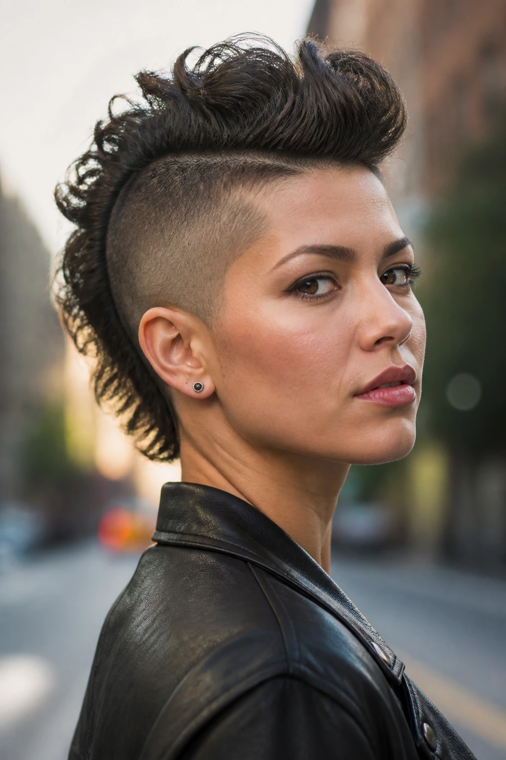 Portrait of a person with a Mohawk highlighting texture and crest shape.