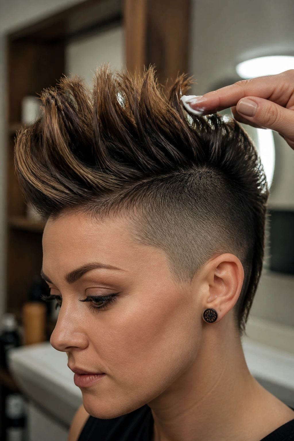 Close-up of a mohawk with shiny ends and a hand applying product to the tips.