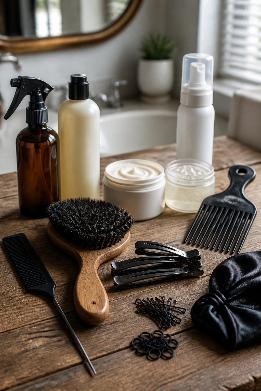 Close-up of a assortment of mohawk styling tools arranged on a wooden surface