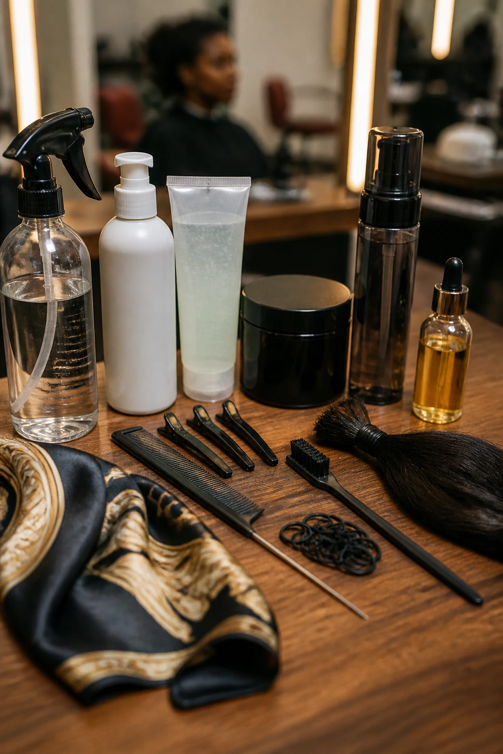Close-up of essential mohawk styling tools on a salon counter