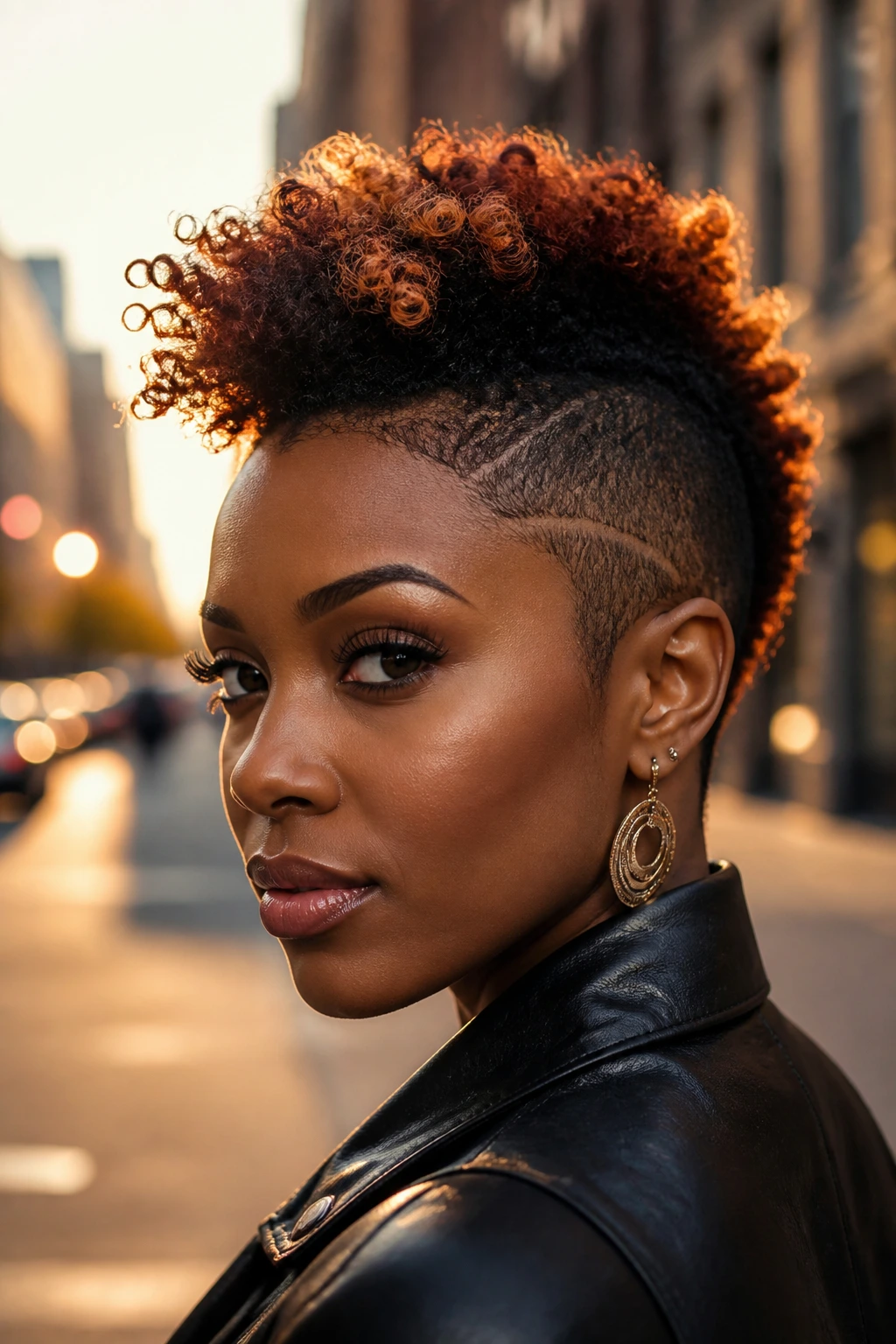Portrait of a woman with a copper-tipped mohawk in an outdoor setting