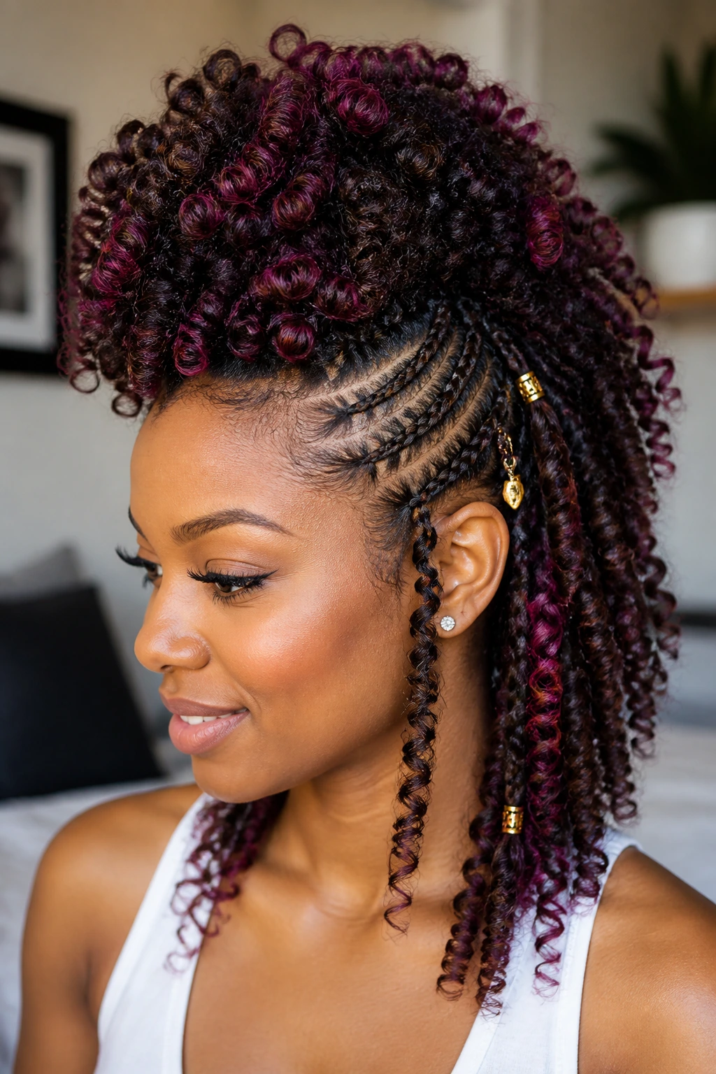 Real person with a mohawk crochet braid variation featuring color streaks