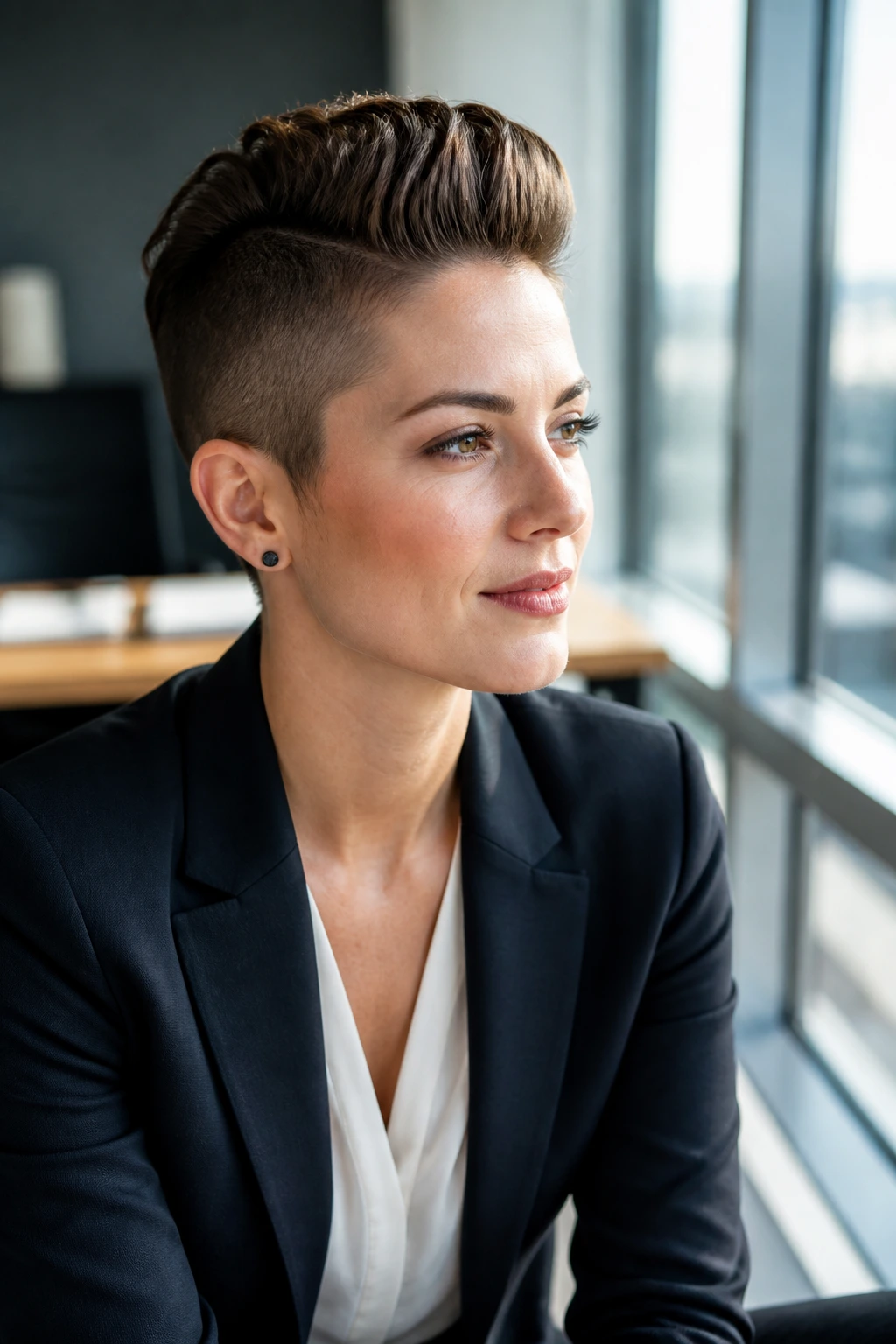 Portrait of a woman with a boardroom faux hawk in a contemporary office setting.