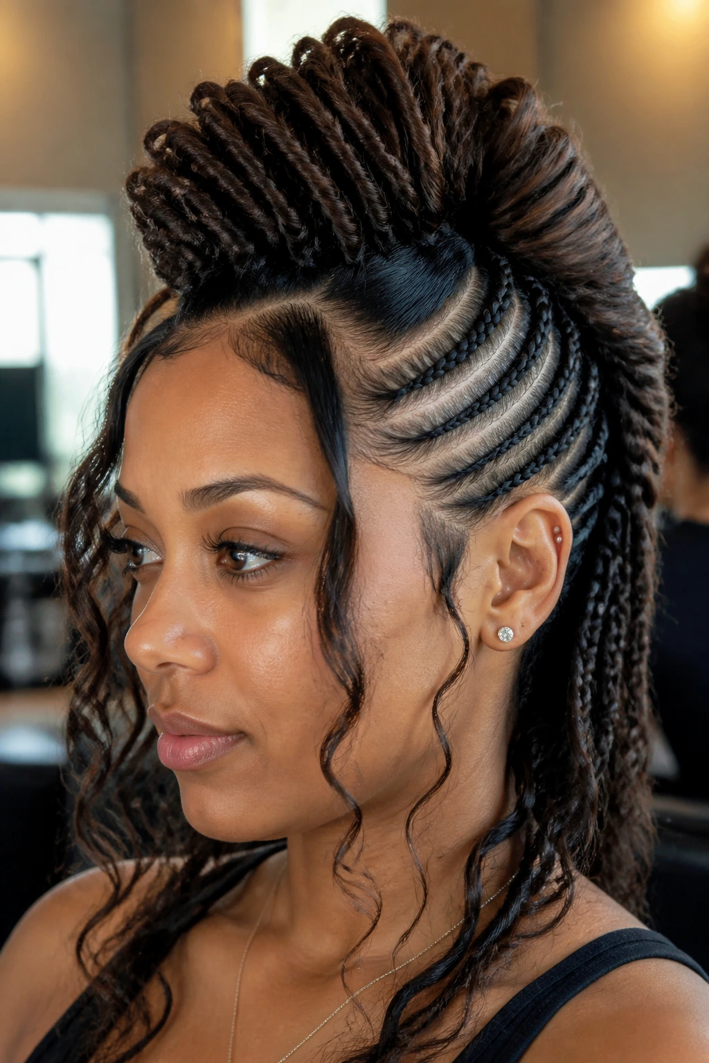 Close-up portrait of a real person with a long mohawk showing multiple variation segments along the ridge (braids, twists, cornrows).
