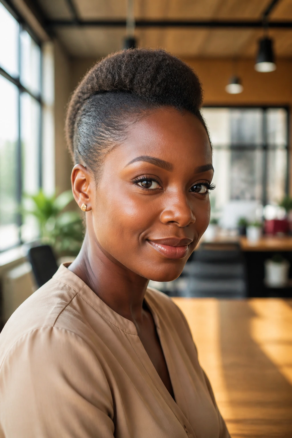 Close-up portrait of a Black woman with a center mohawk in a modern office setting