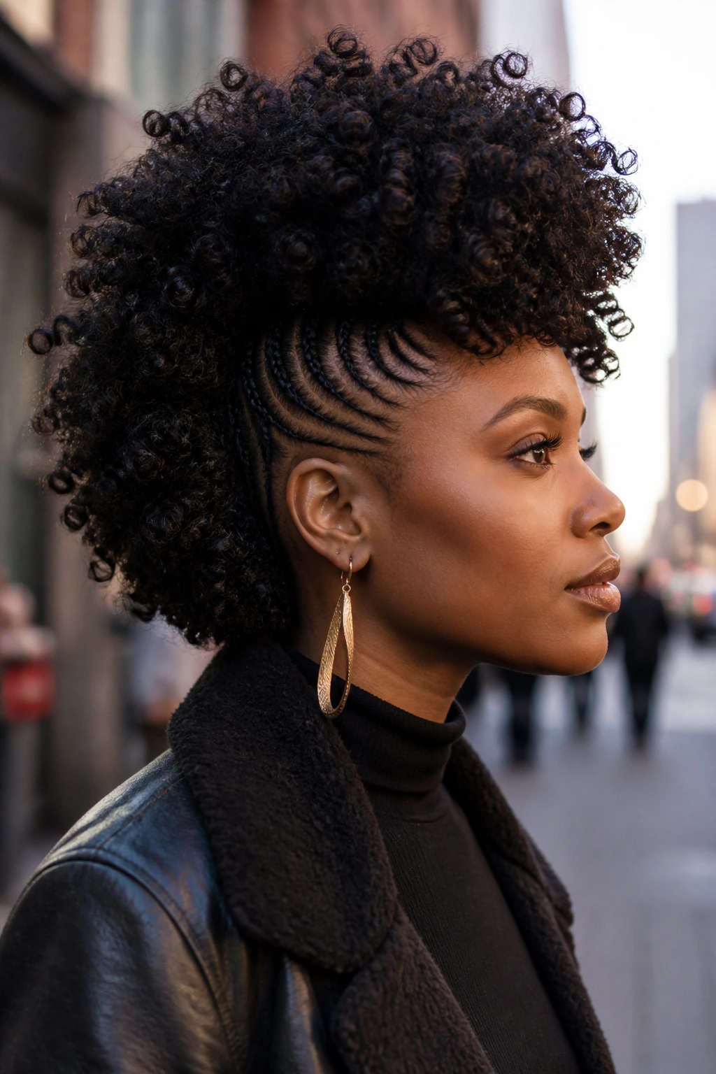 Portrait of a woman with big-texture drama hawk crochet mohawk outdoors in daylight