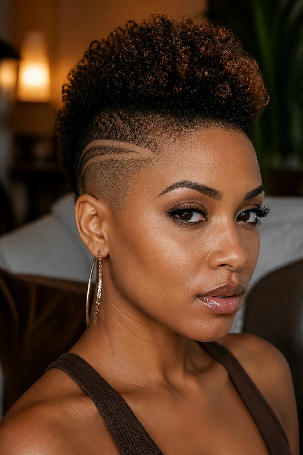 Portrait of a real woman with a short natural mohawk showing how the looks sit on the head