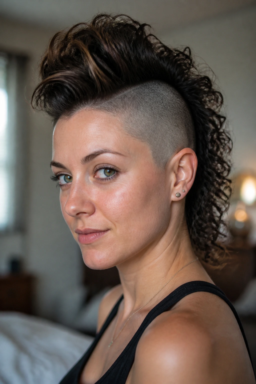 Close-up portrait of a real woman with a Mohawk showing textured hair.