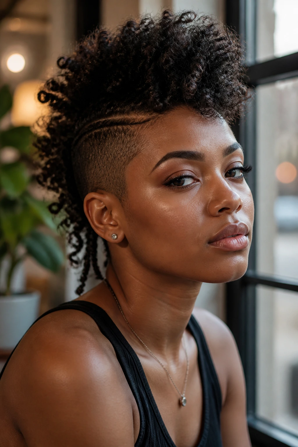 Close-up portrait of a woman with a bold mohawk highlighting texture and center ridge