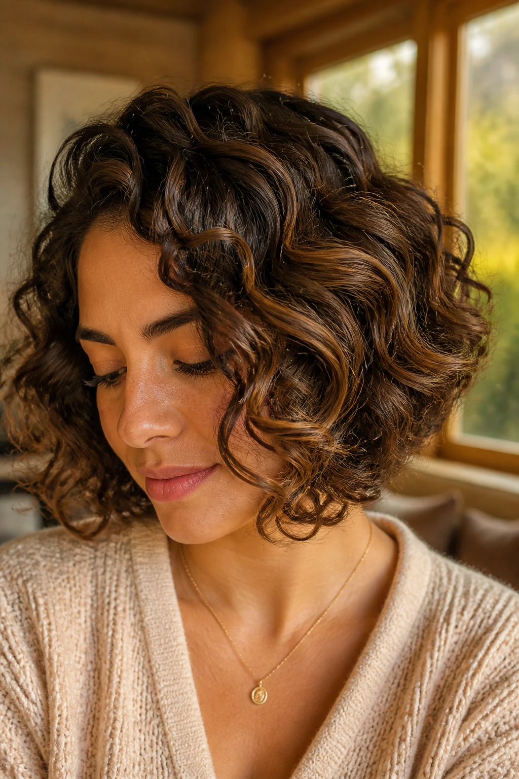 Rounded-cut hair with molten mocha balayage on a real person
