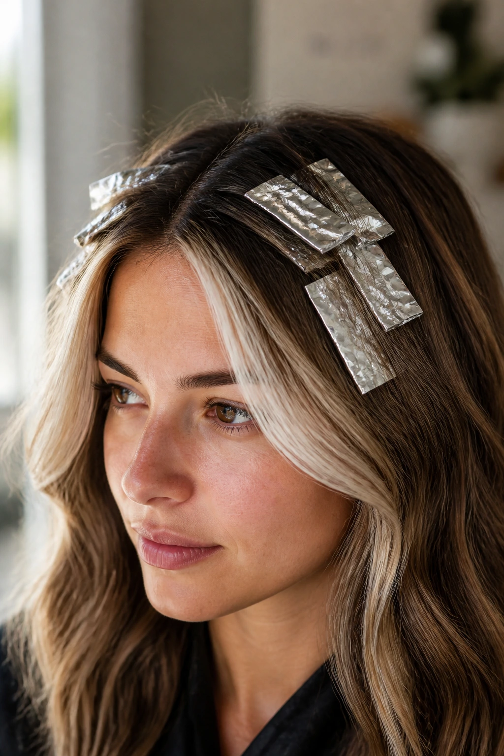 Close-up of money-piece babylights at the temples on a real person with front light framing