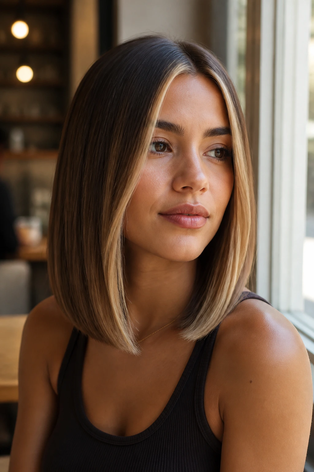 Close-up of a real person with thin face-framing money pieces in straight hair