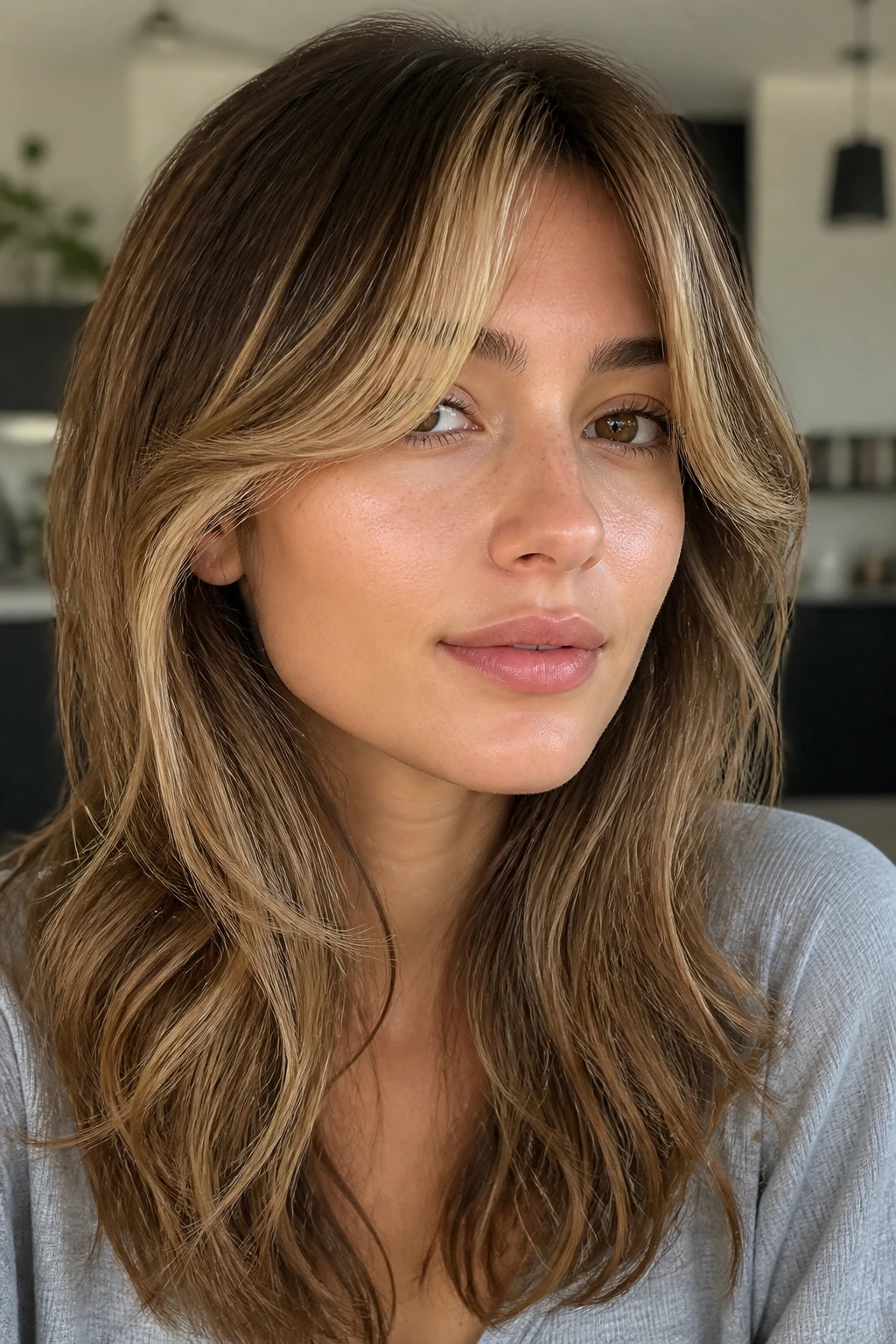 Close-up of a woman with money-piece bangs blended into the front hair