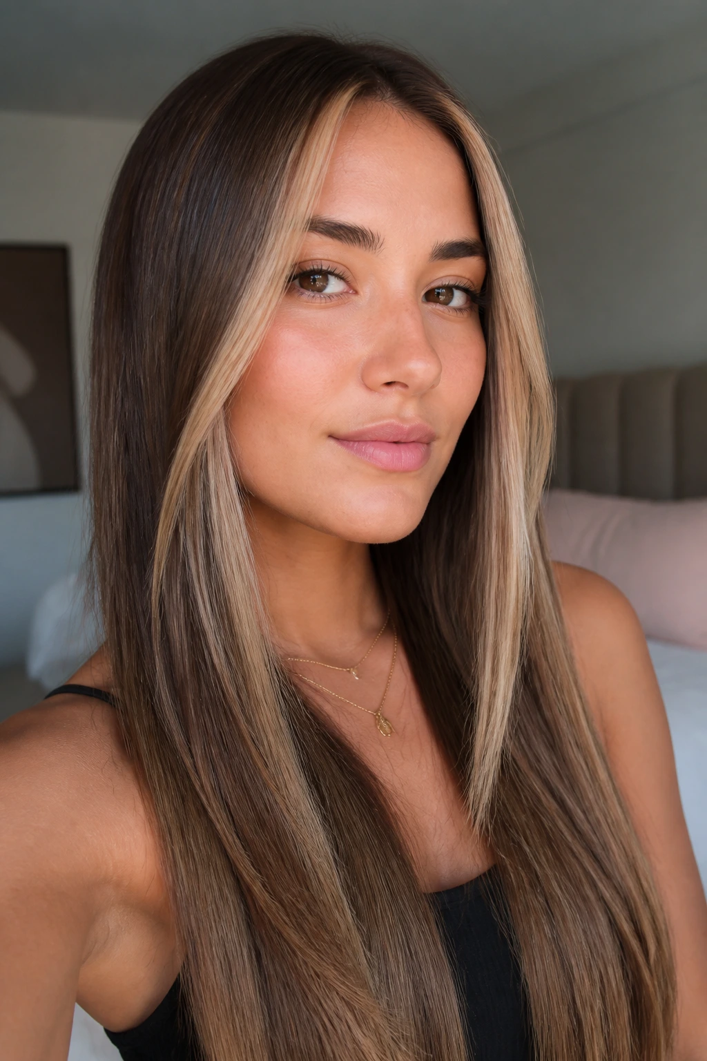 Portrait of a person with a soft beige money piece framing the face on straight hair