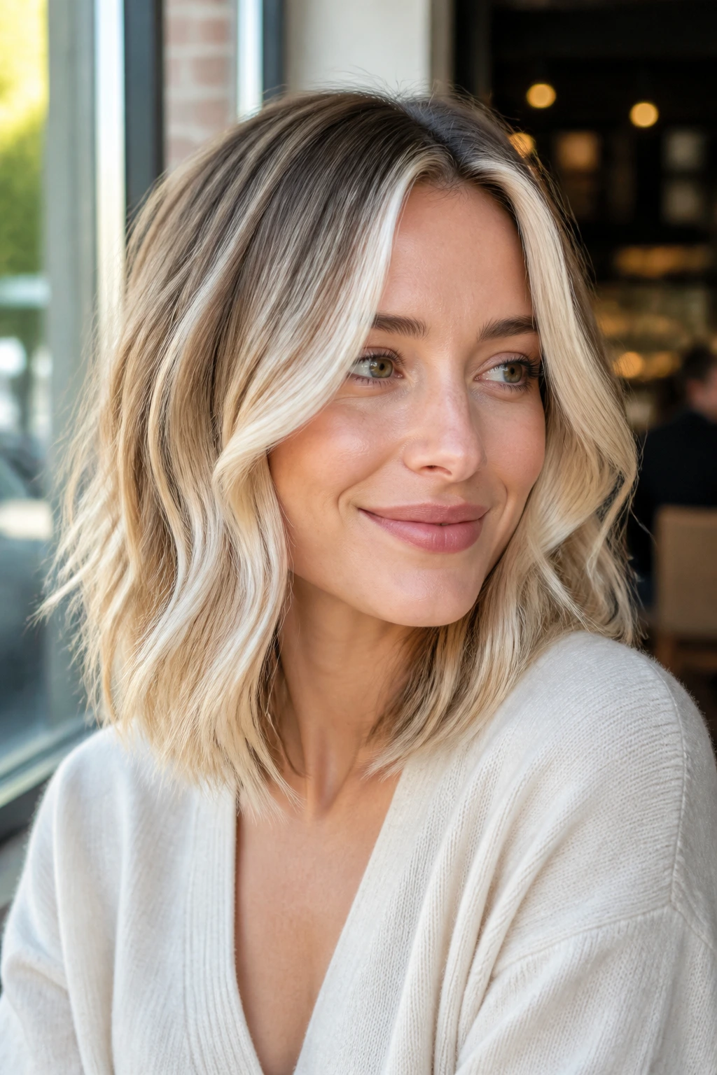 Portrait of a real person with money-piece blonde and beige ends