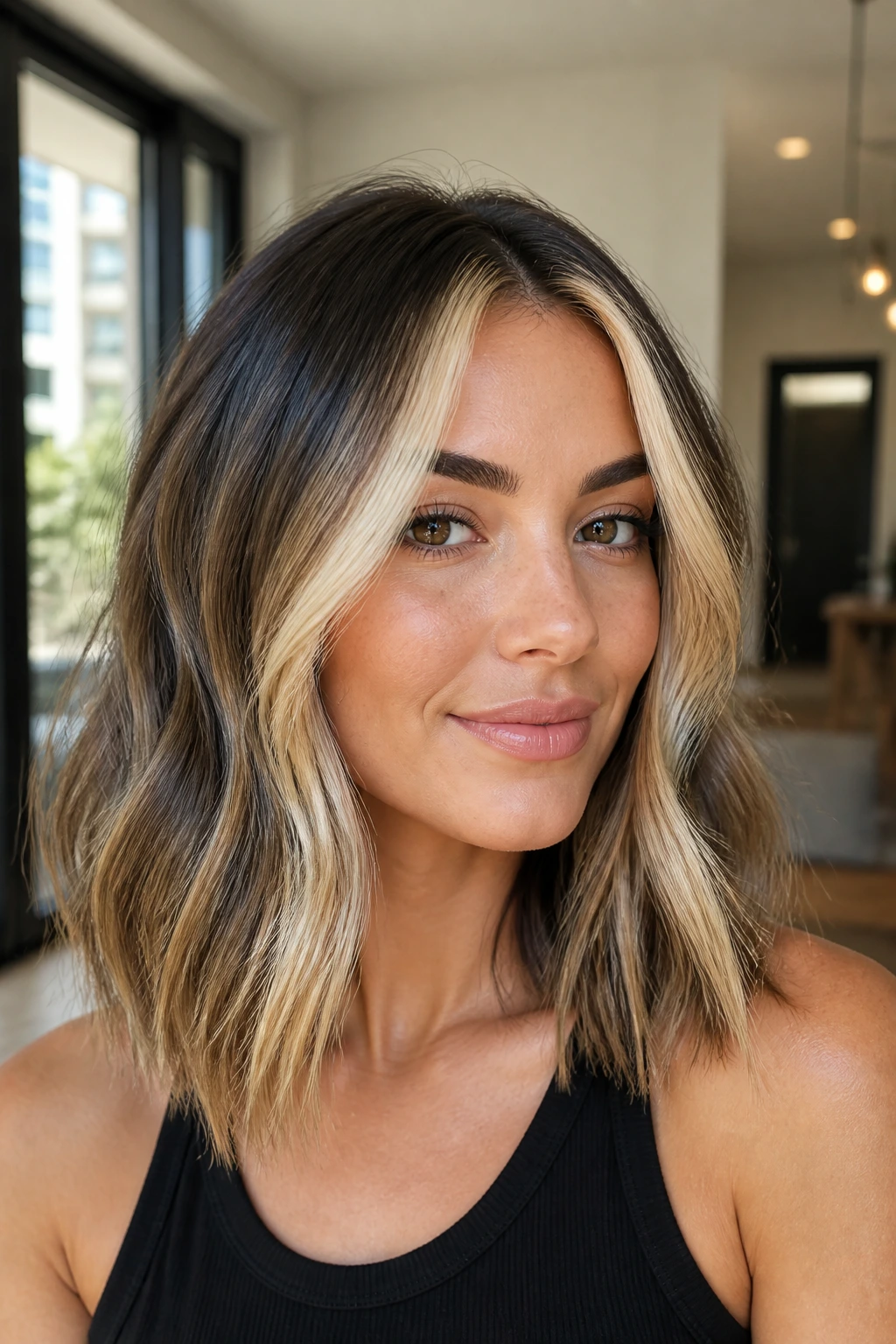 Close-up of bright money piece blonde against darker base in natural light