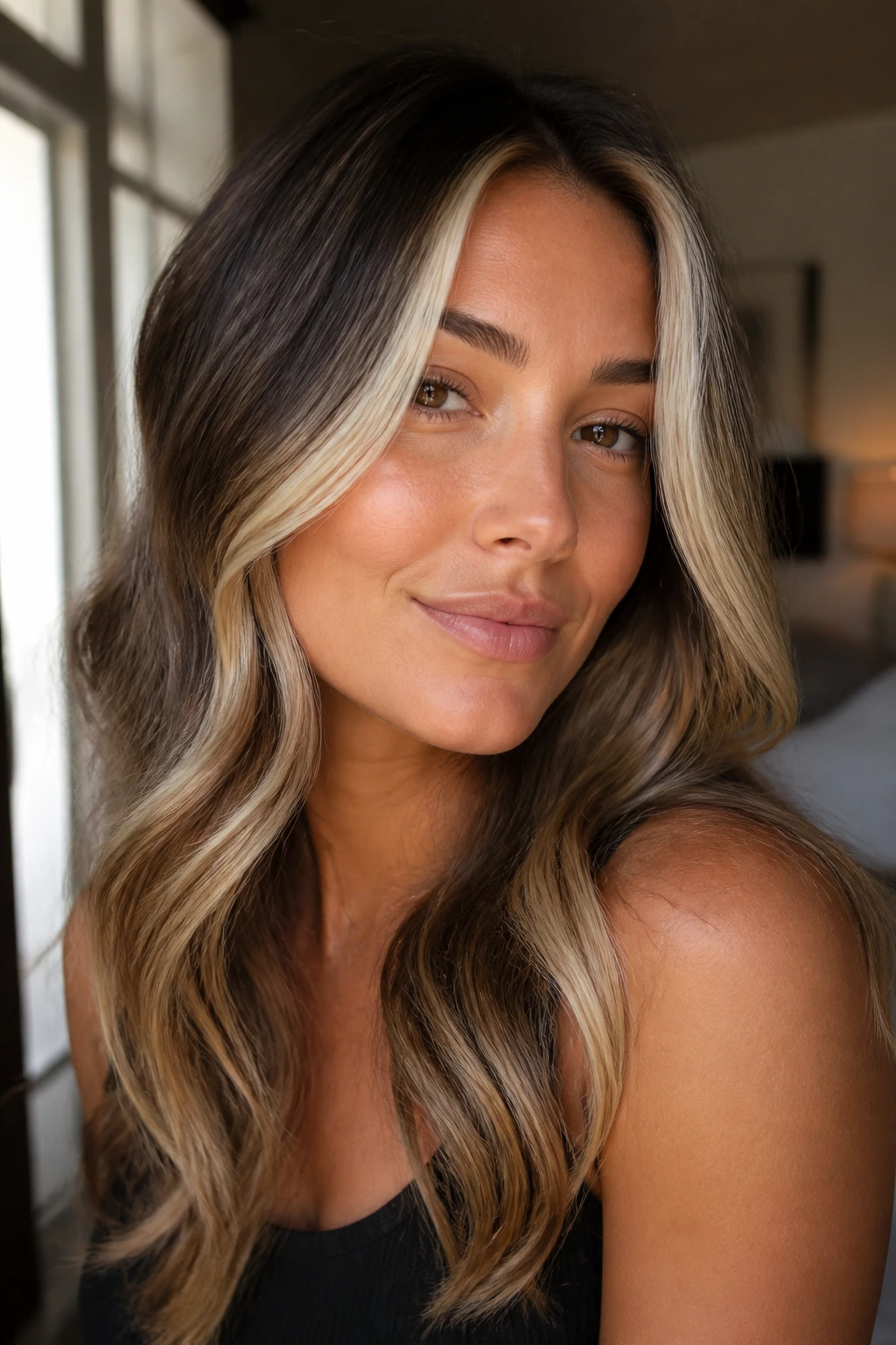 Close-up portrait of a real woman showing bright money-piece blonde framing the face with darker surrounding hair