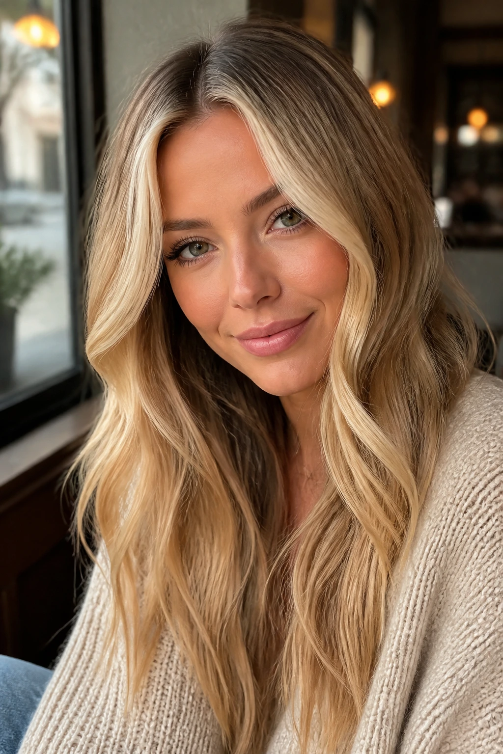 Portrait of a woman with money piece blonde framing hair around her face