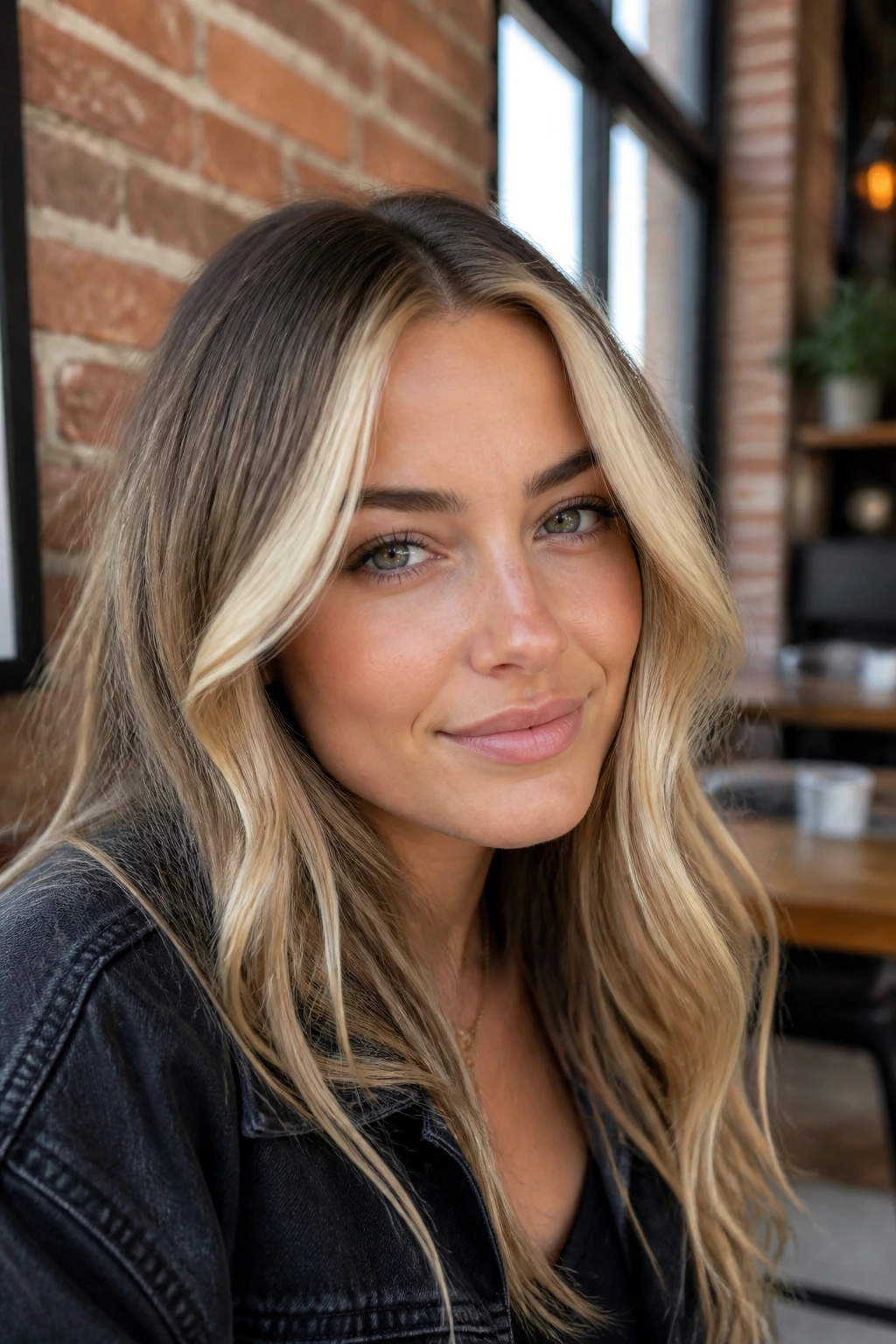 Portrait of a woman with money piece blonde framing the eyes