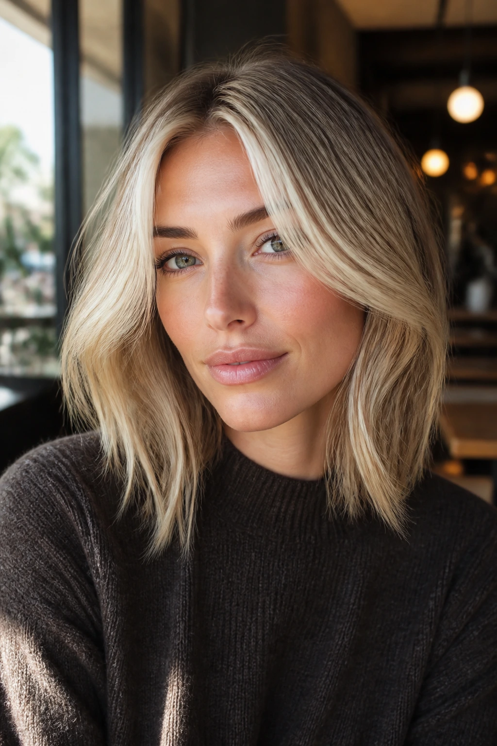 Close-up of a real woman with a bright money-piece blonde framing her face