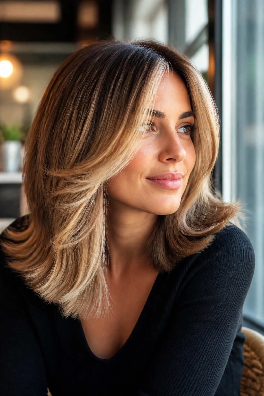 Close-up of a real woman with bright front money pieces