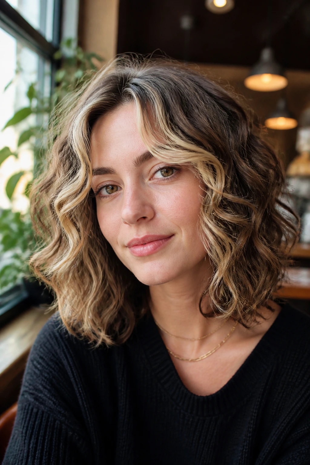 Close-up portrait of a real woman with face-framing money-piece curly bob in a sunny cafe.