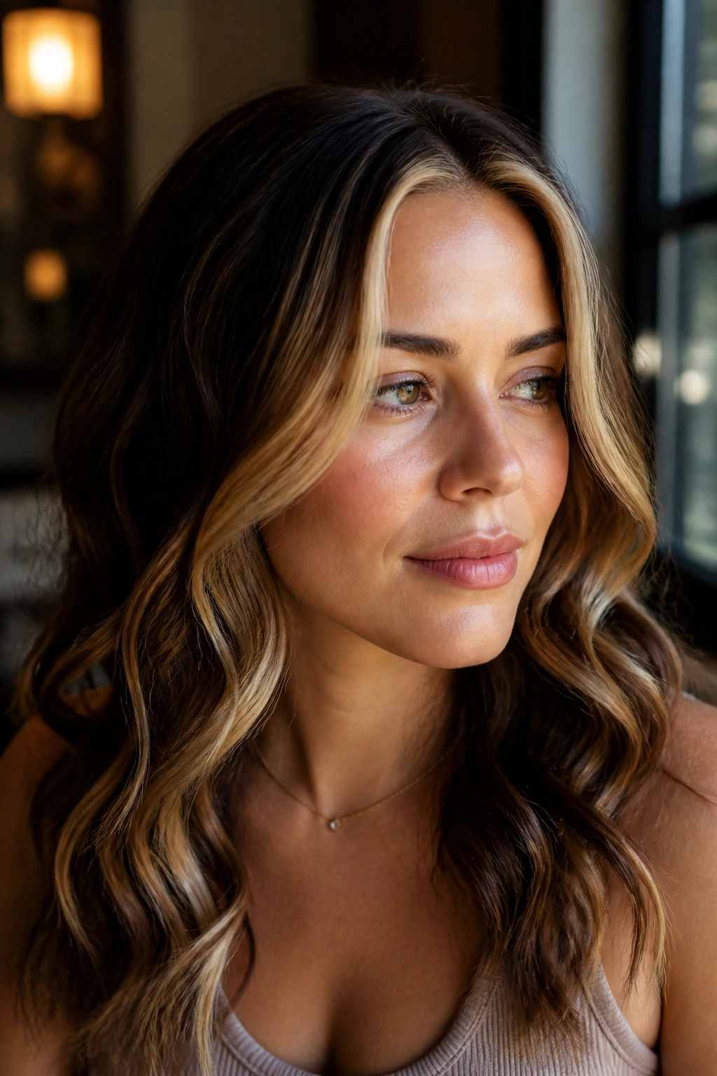 Close-up of a real woman with a bright money piece at the hairline and subtle root shadow