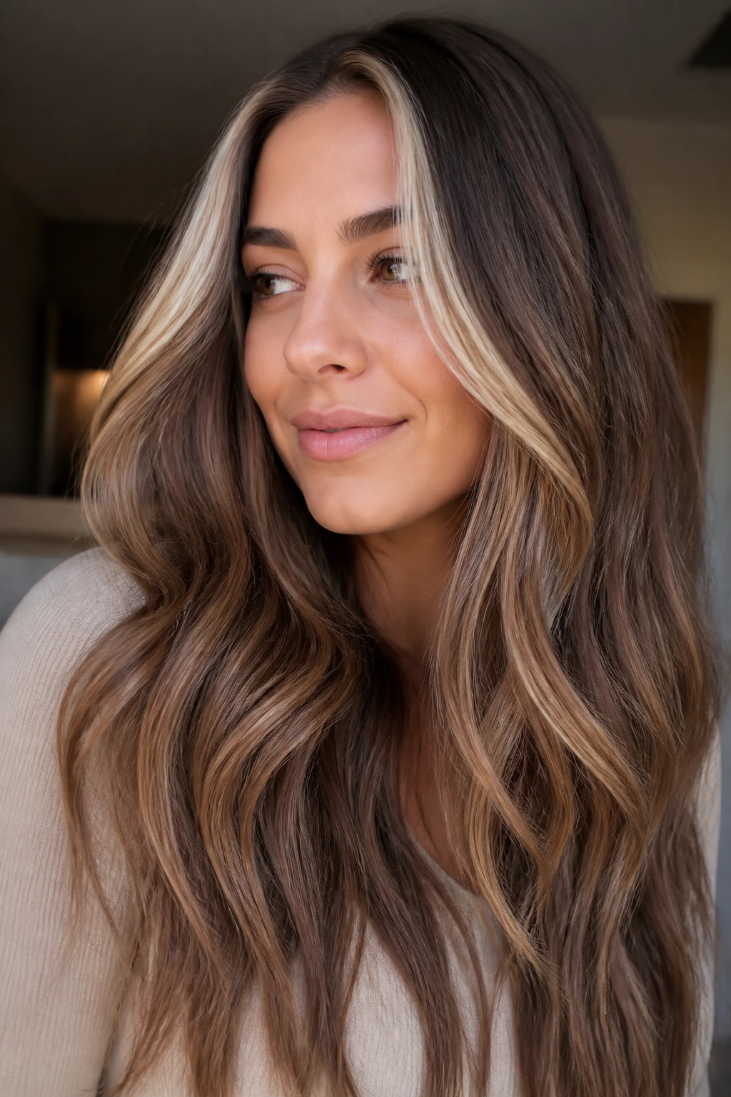 Real person with face-framing caramel money piece balayage