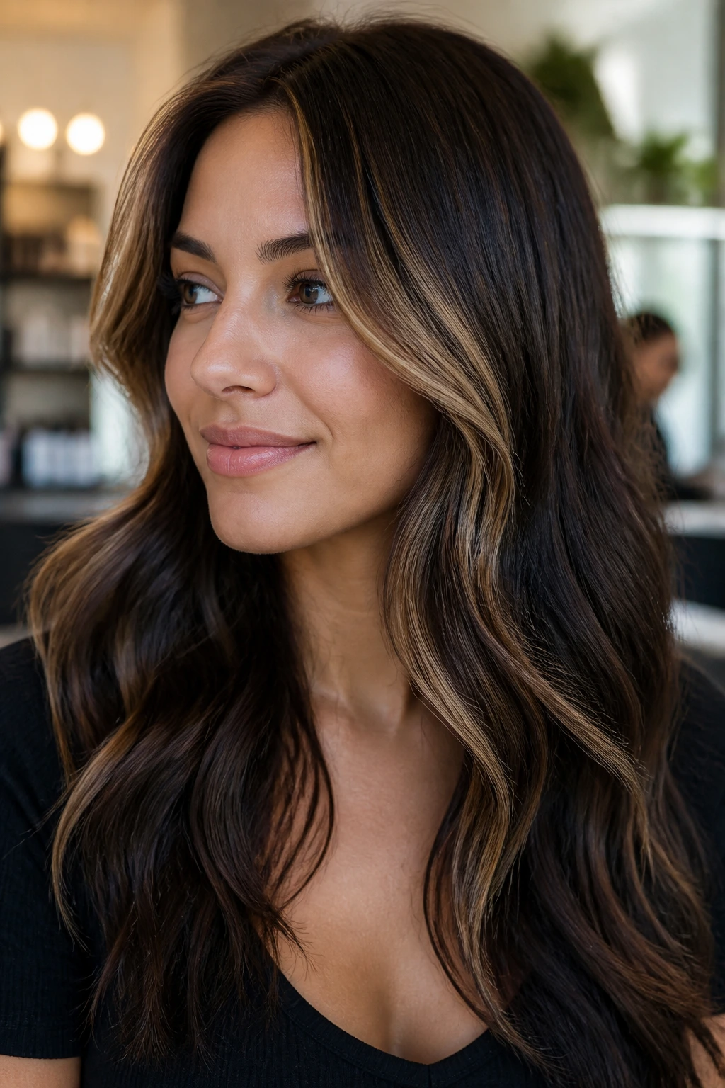 Brunette with warm caramel money piece framing her face
