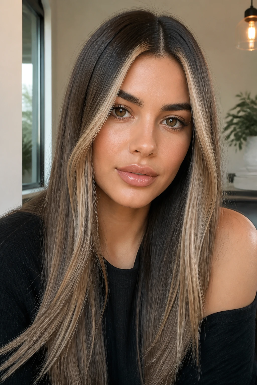 Close-up of a real woman's straight hair with money pieces around a center part