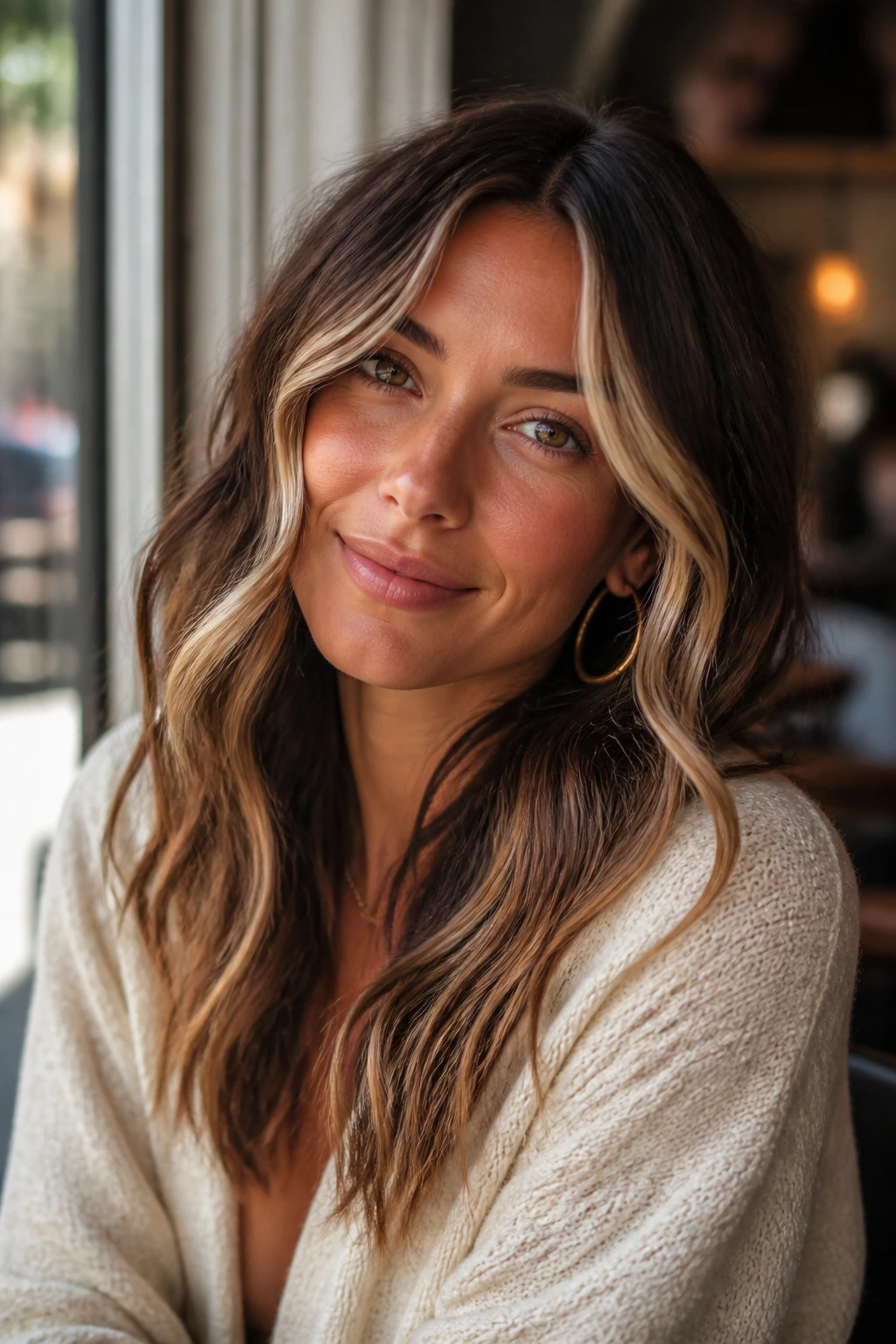Close-up portrait of a real woman with champagne fringe brightener on wavy hair