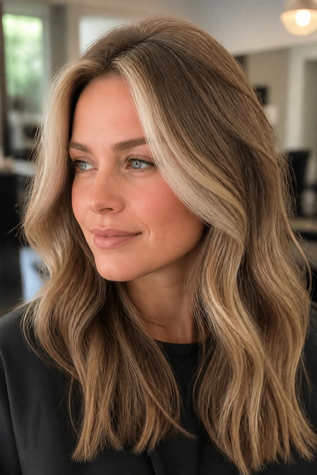 Close-up of a real person showing a two-tone money piece and crown lift in hair