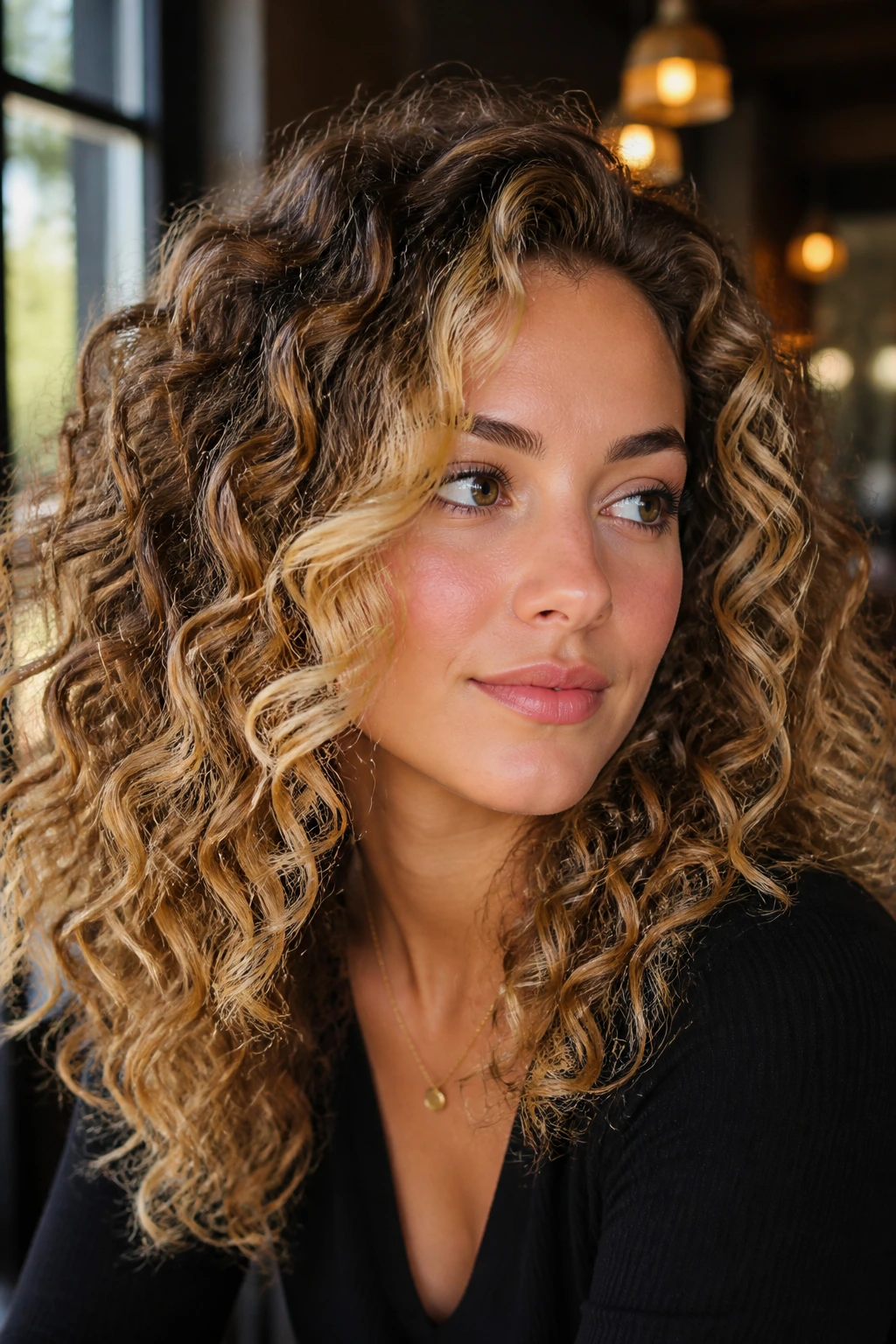 Close-up of front money piece highlights on curly hair framing the face