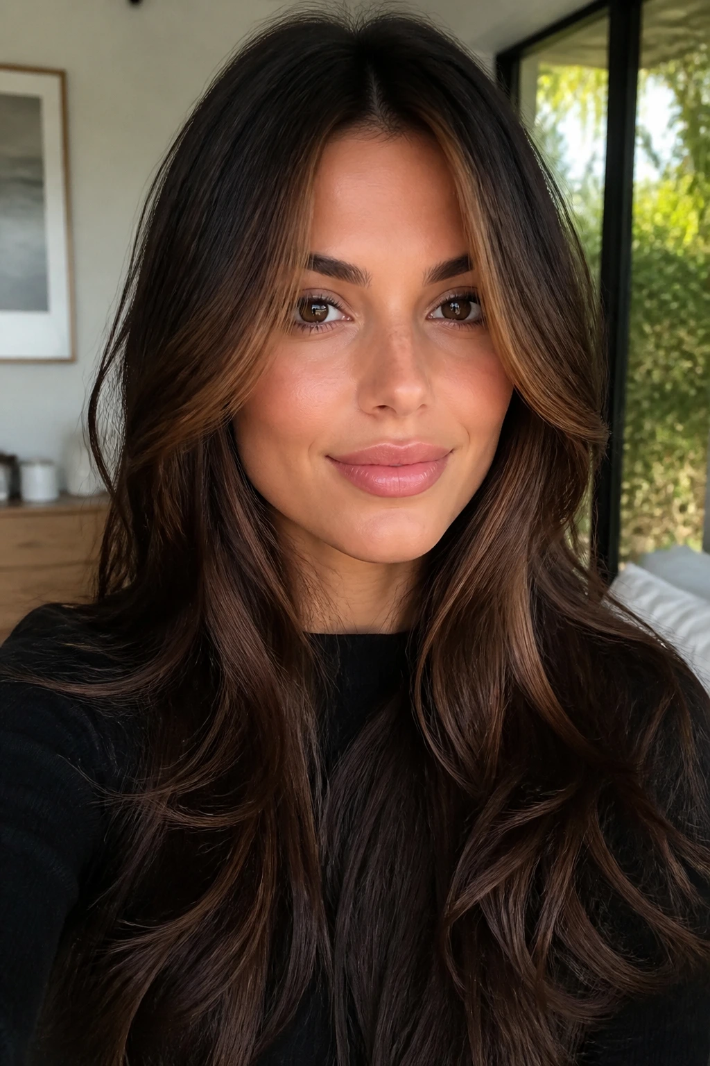 Close-up of face-framing chestnut money piece on long brunette hair