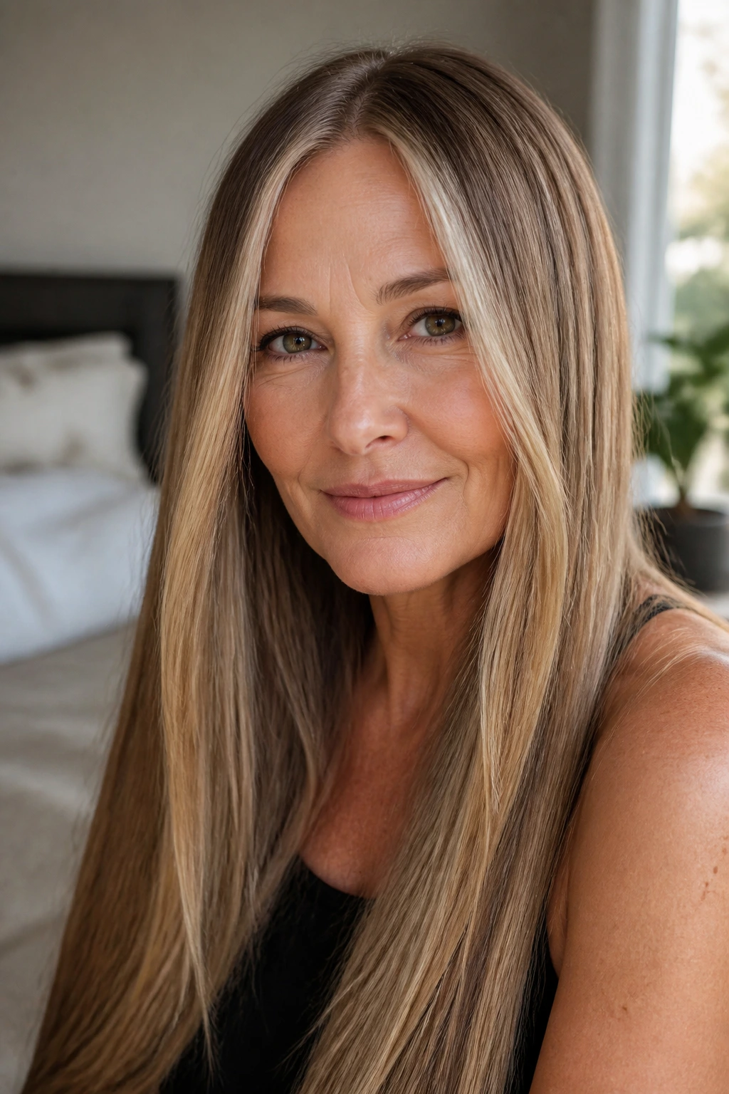Close-up of a real woman's long straight hair with lighter front money-piece framing the face in natural window light