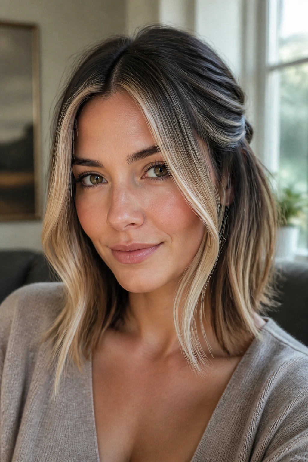 Close-up of a real woman with bright money pieces framing the face.