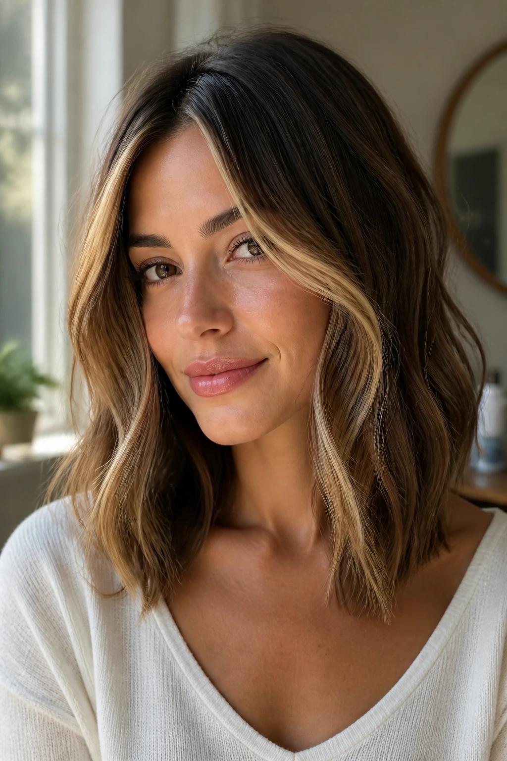 Close-up of a real woman with money-piece front waves catching light