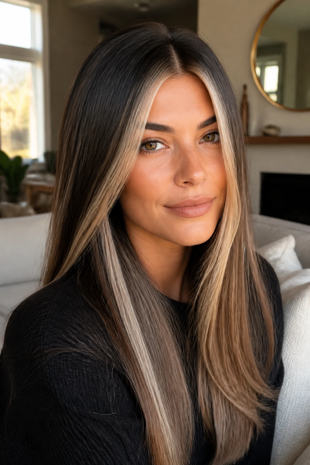 Close-up of a real woman with a bold money piece on straight hair