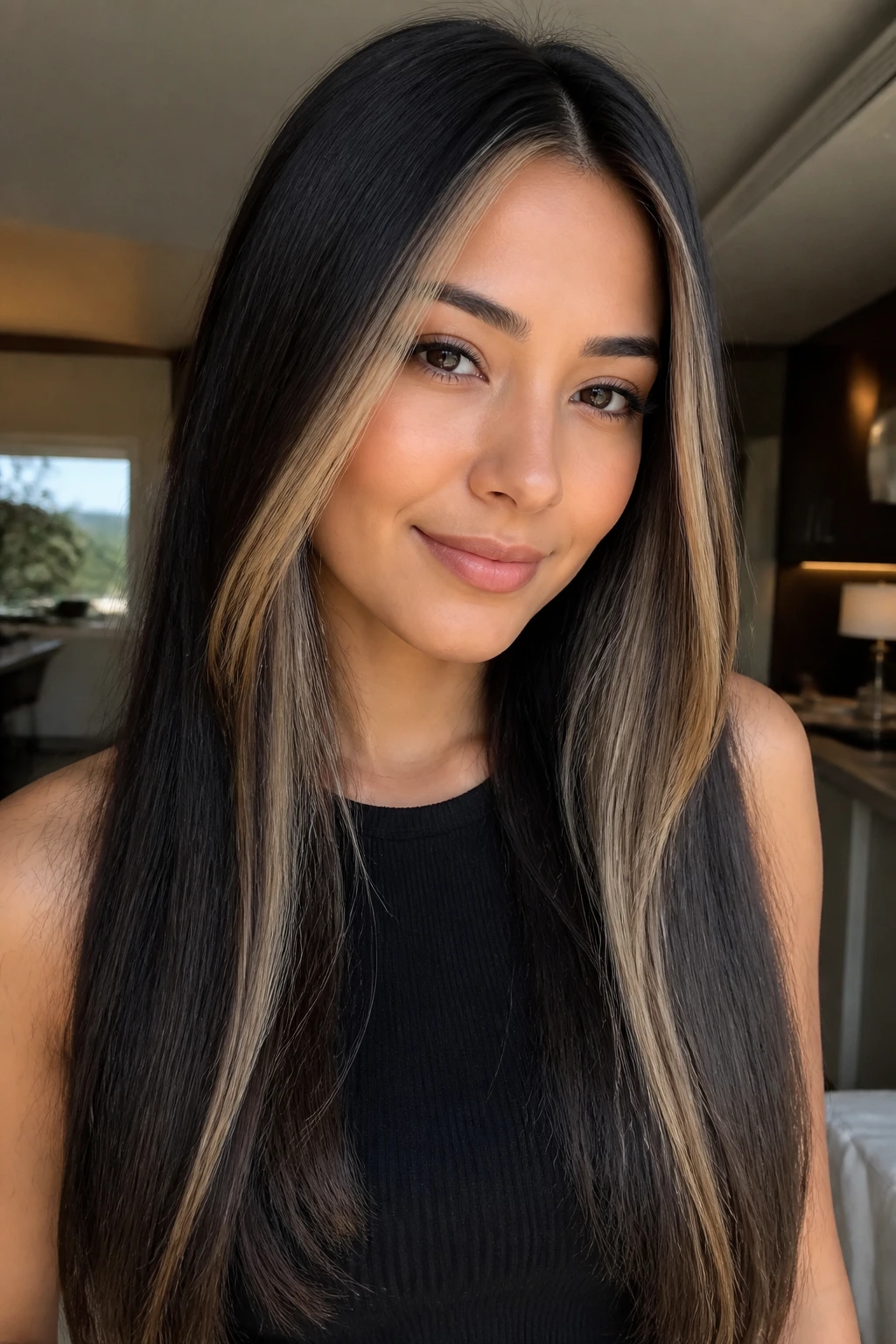 Close-up of a real person with face-framing lighter money-piece highlights and straight hair.