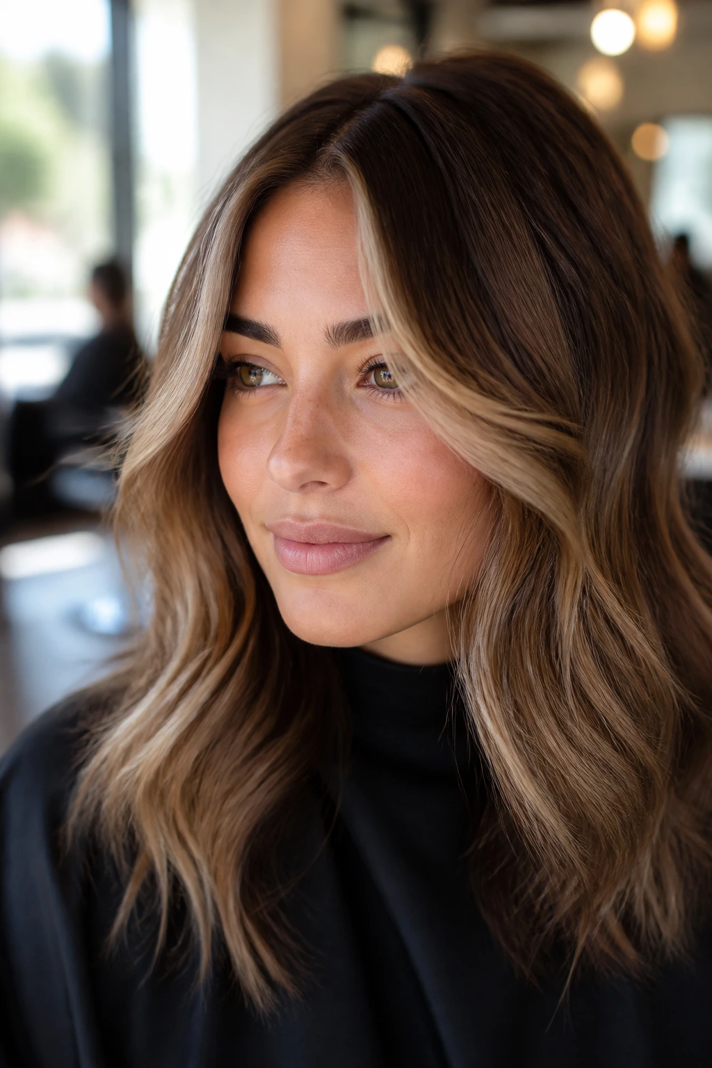 Close-up of a woman with soft money piece highlights framing her cheekbones in beige-caramel tones