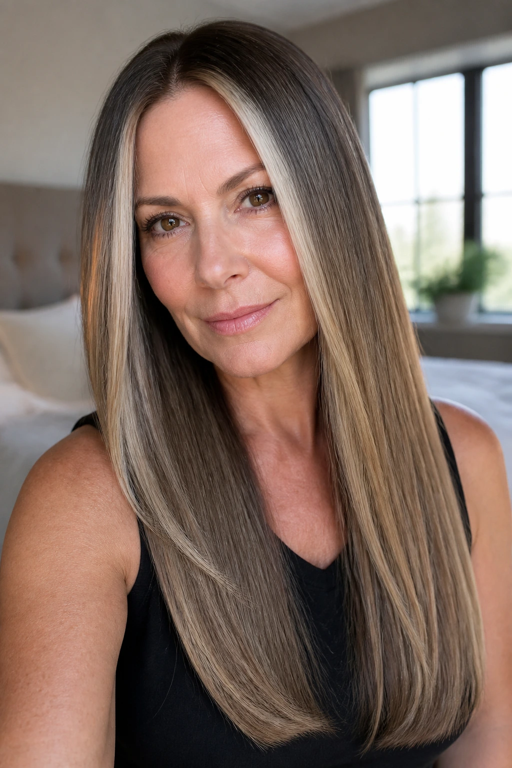 Real woman with money-piece highlights framing her face and flat-iron straight hair